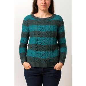 Fang L turquoise gray striped long sleeve knit pullover sweater winter coastal